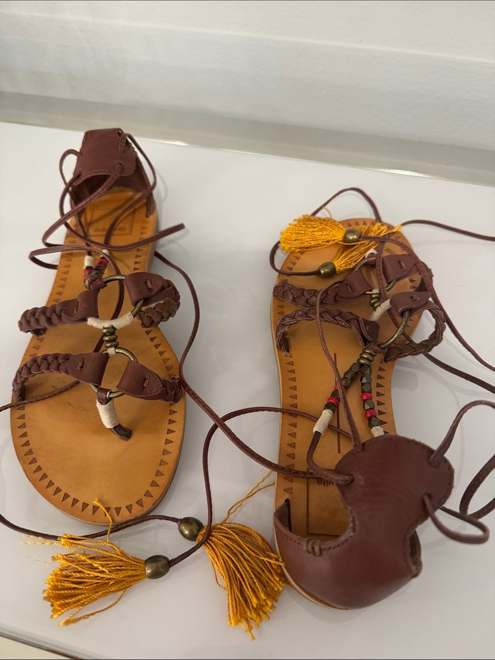 Dolce Vita Brown Leather Gladiator Sandals with Yellow Tassels